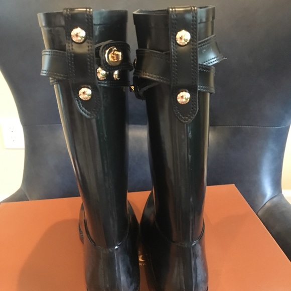 Coach Tara Rain Boots Black Gold Hardware 7 - Picture 2 of 6